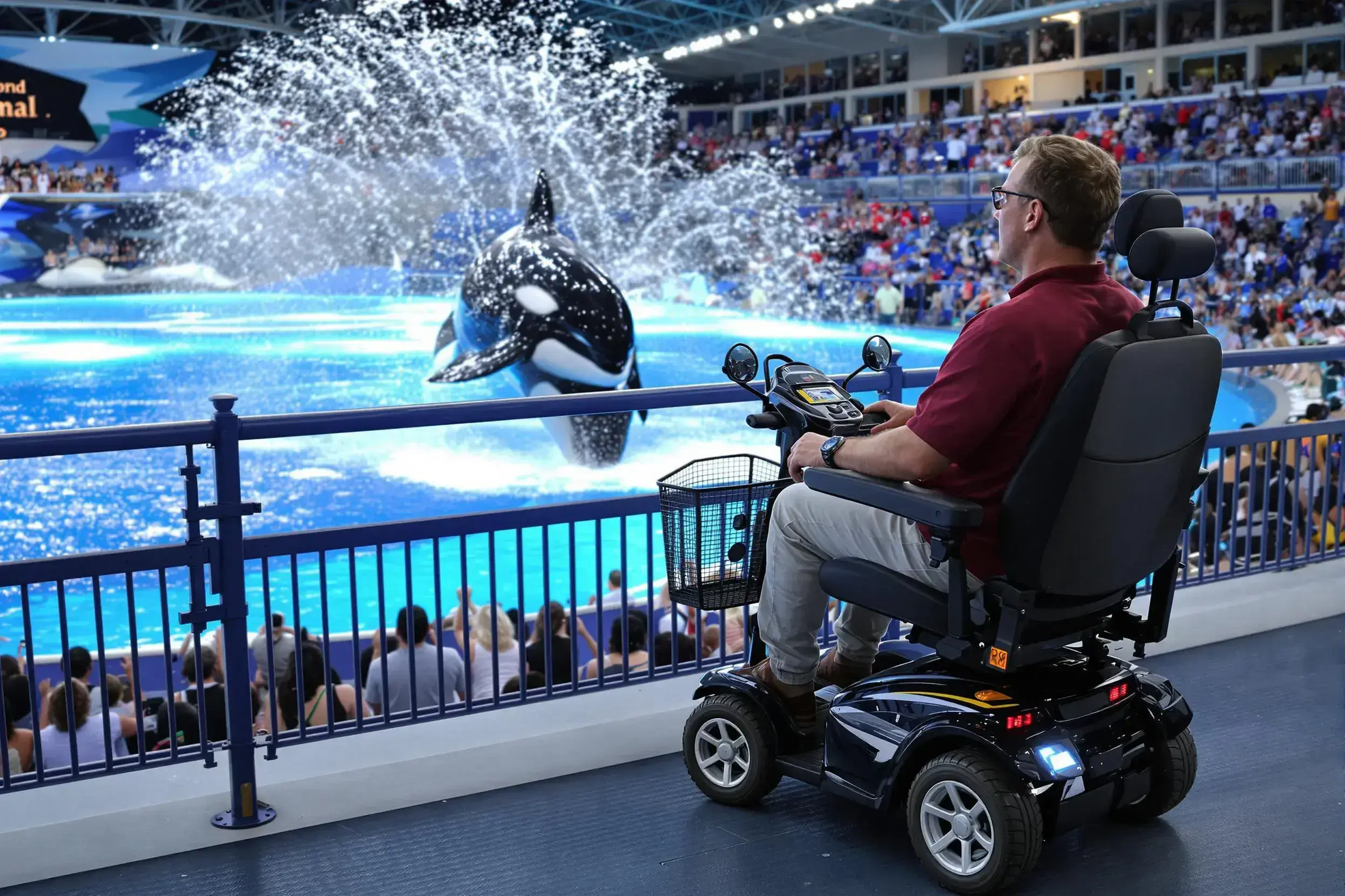 Una persona con necesidades de movilidad disfrutando de la exhibición de orcas en SeaWorld Orlando sentado en un scooter de movilidad alquilado en Cloud of Goods Orlando.