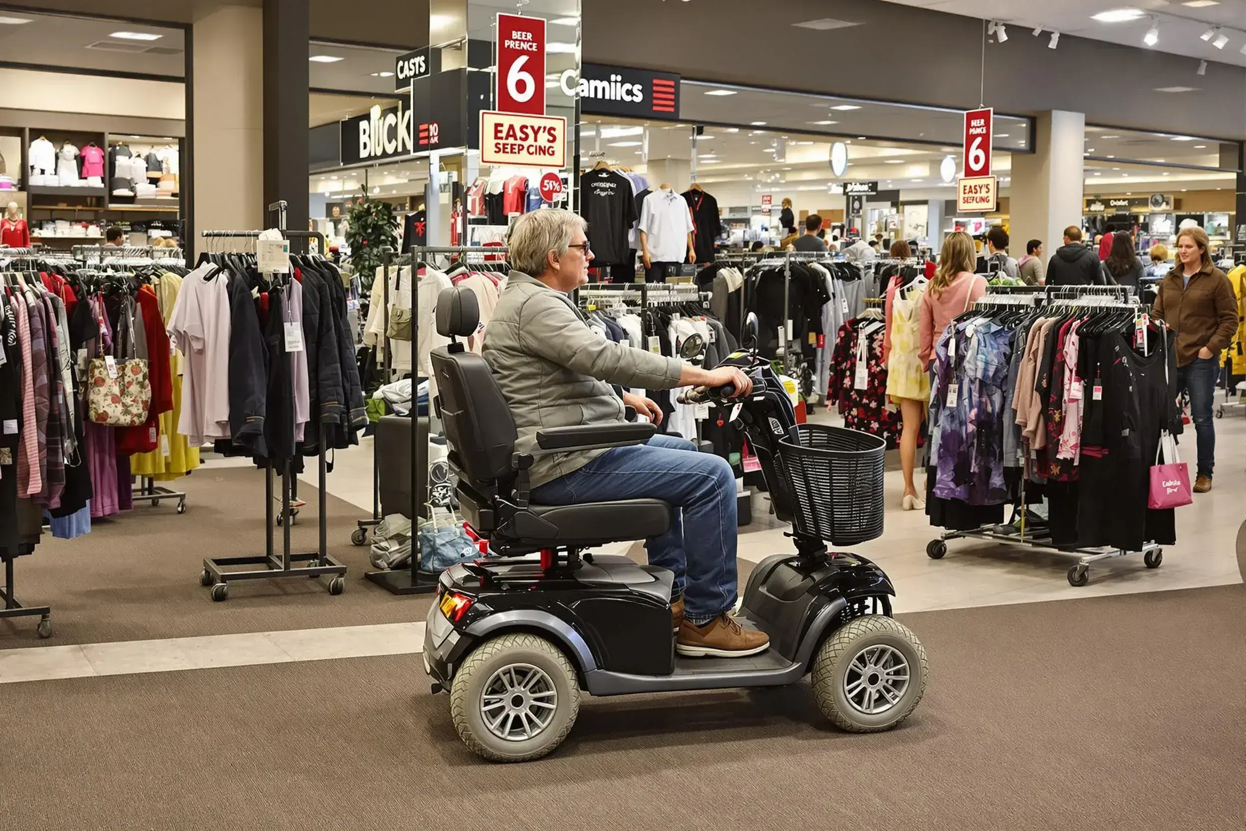 Cliente de Orlando International Premium Outlets en un scooter de movilidad alquilado en Cloud of Goods para recorrer las tiendas fácilmente y transportar todo lo que compró sin necesidad de cargarlo.
