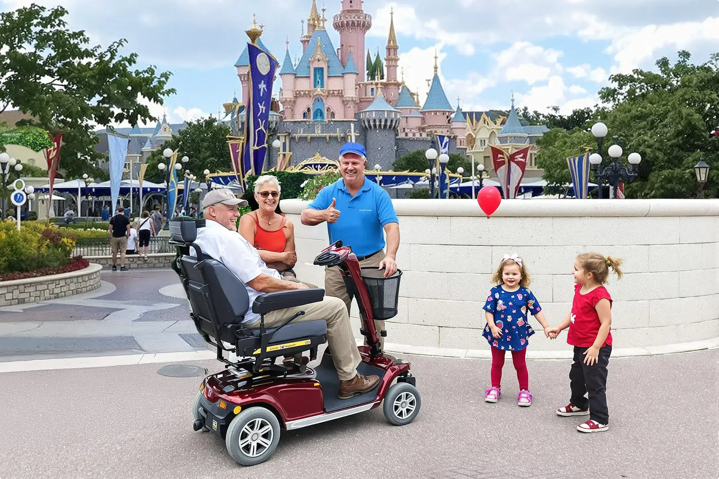 Entrega de alquiler de scooter a una pareja de ancianos en la entrada de Walt Disney World Resort en Orlando.