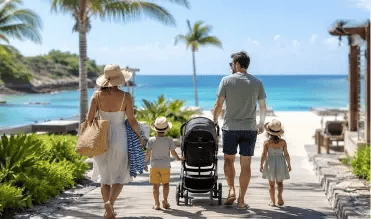 Family of four walking along a beach resort path with a stroller, palm trees and turquoise water in the background