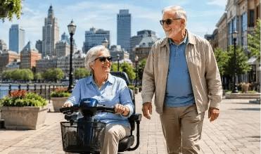 Senior woman riding a mobility scooter alongside her husband on a waterfront promenade with a city skyline behind them