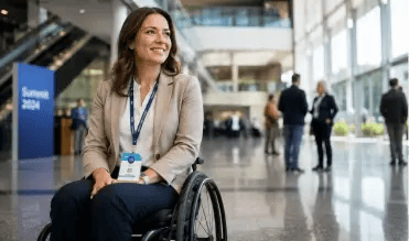 Woman using a wheelchair smiling in a bright convention center lobby with attendees in the background