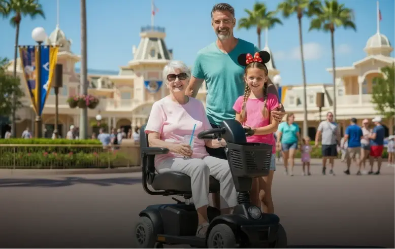 Happy family with senior woman using a Cloud of Goods mobility scooter at an Orlando resort – convenient scooter rental for vacations