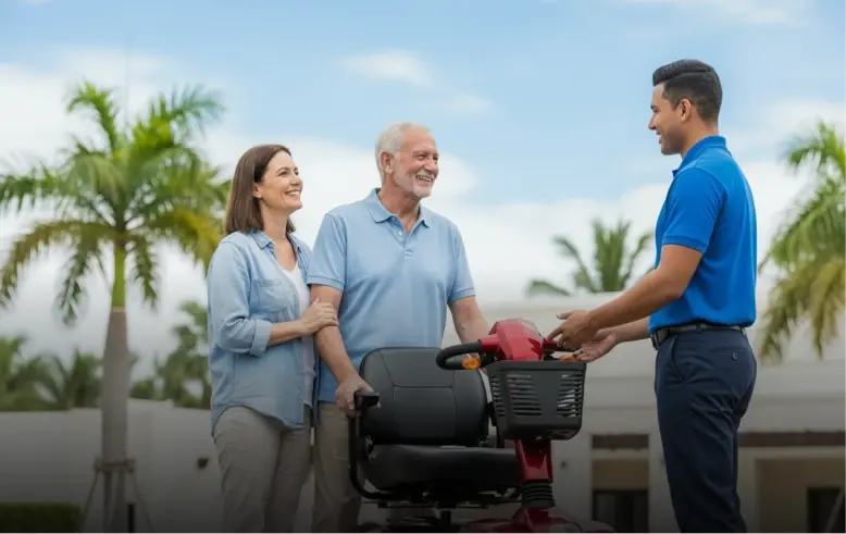 Senior man arriving at Orlando hotel as Cloud of Goods delivers a mobility scooter – hassle-free scooter rental service