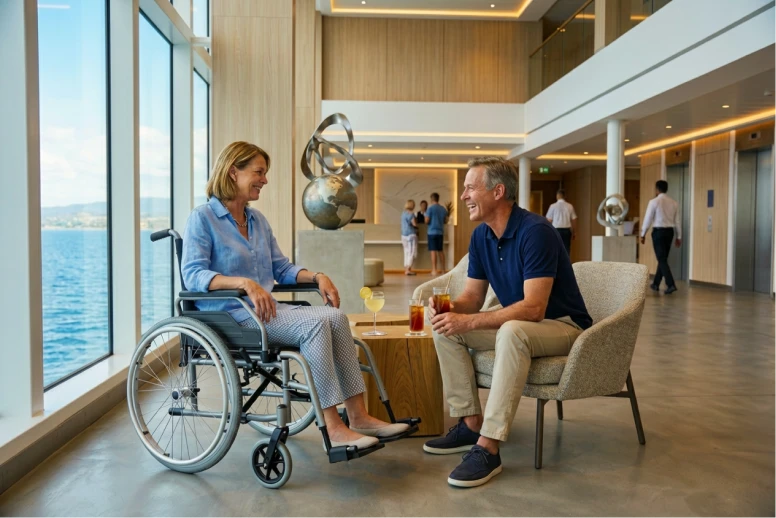 Adult couple near a cruise ship at port, with a woman riding a mobility scooter while her partner walks beside her carrying luggage.