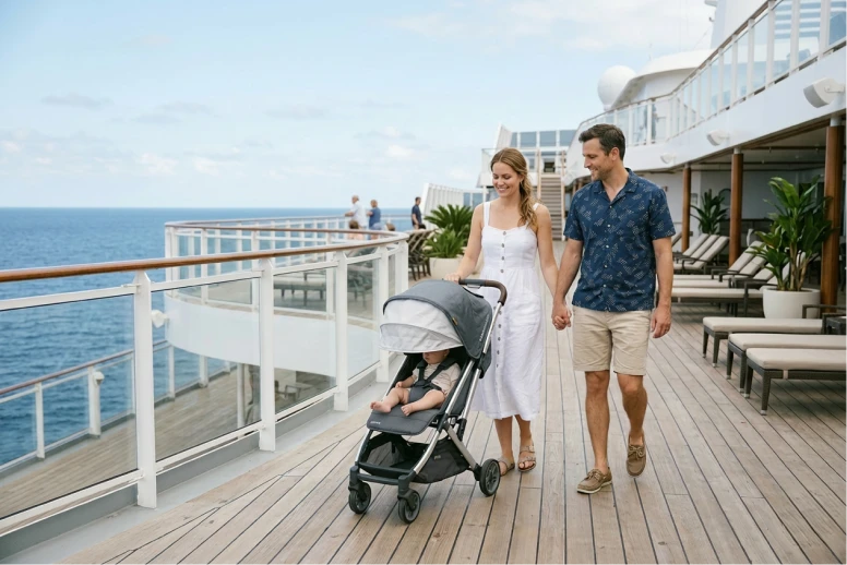 Adult couple walking on a cruise ship deck, pushing a stroller with a baby while enjoying ocean views under clear skies.