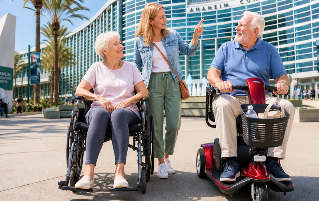 Two seniors and an adult companion outside the Anaheim Convention Center — one senior seated in a wheelchair, the other on a red Pride mobility scooter — rented through Cloud of Goods for their Anaheim visit.