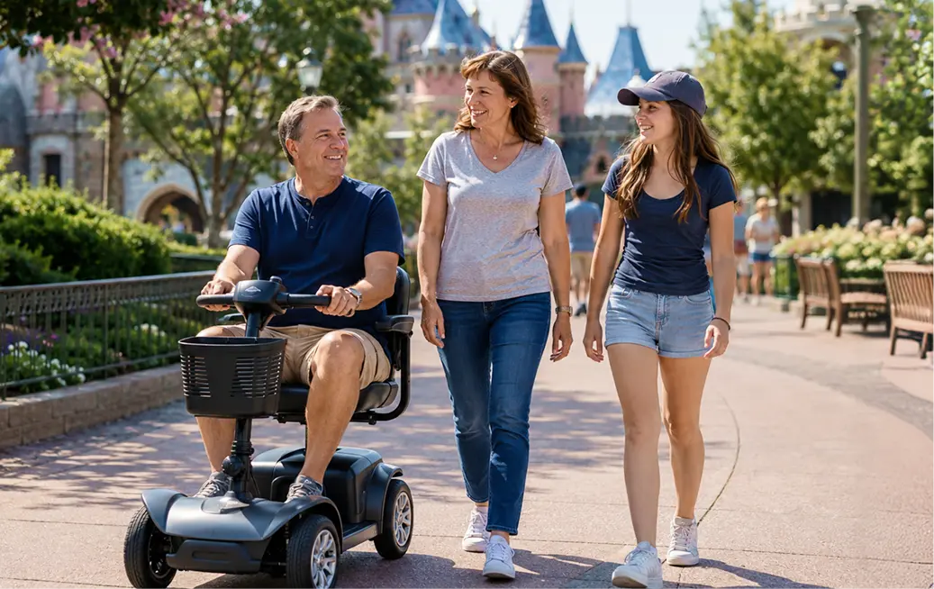 Man riding a dark gray mobility scooter rented through Cloud of Goods alongside his wife and teenage daughter on a tree-lined path near Sleeping Beauty Castle at Disneyland in Anaheim.