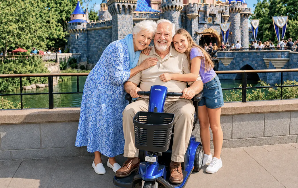 Grandparents and granddaughter smiling together in front of Sleeping Beauty Castle at Disneyland, grandfather seated on a blue Pride mobility scooter rented through Cloud of Goods in Anaheim.