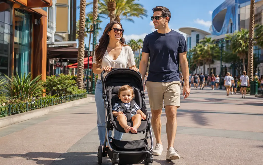 Young parents strolling through a sunny Anaheim promenade with their toddler in a black rental stroller from Cloud of Goods, palm trees and shops visible in the background.