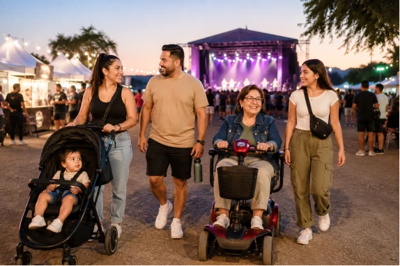 A smiling multigenerational family, including an older woman on a mobility scooter and a toddler in a stroller, enjoying an outdoor festival with an illuminated stage in the background.