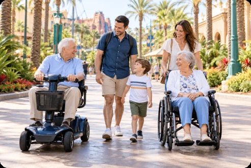 Grandparents using a mobility scooter and a wheelchair with their family at a resort