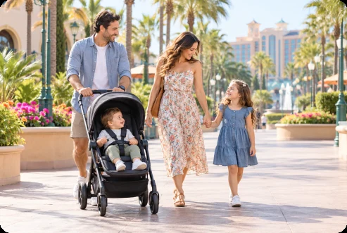 Family walking with a stroller along a palm-lined resort promenade