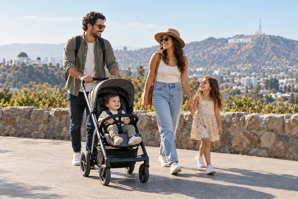 Family stroll beneath the Hollywood sign