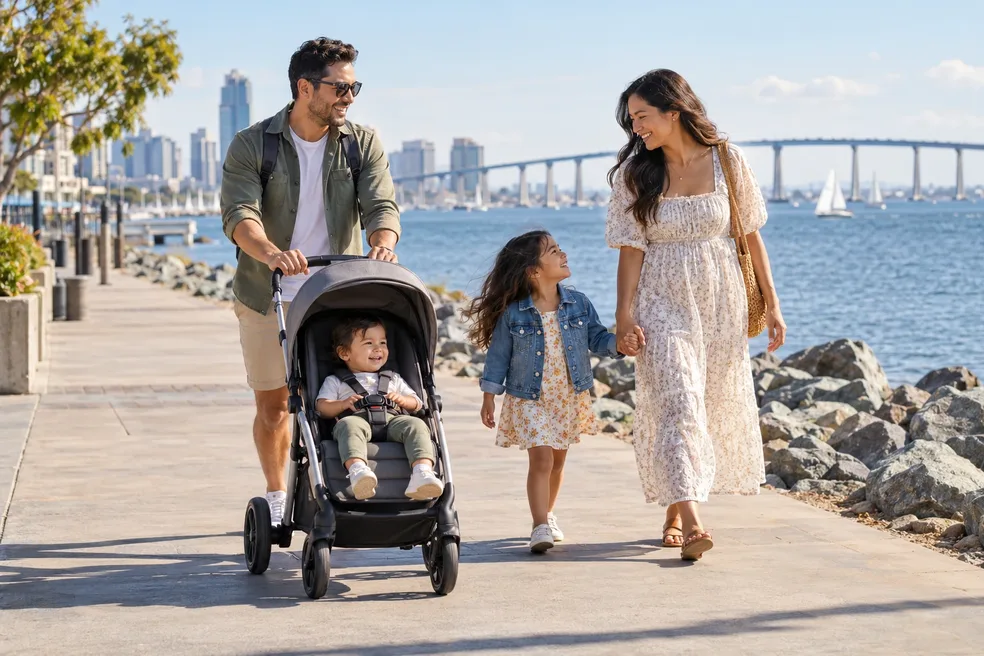 Family stroll by San Diego Bay