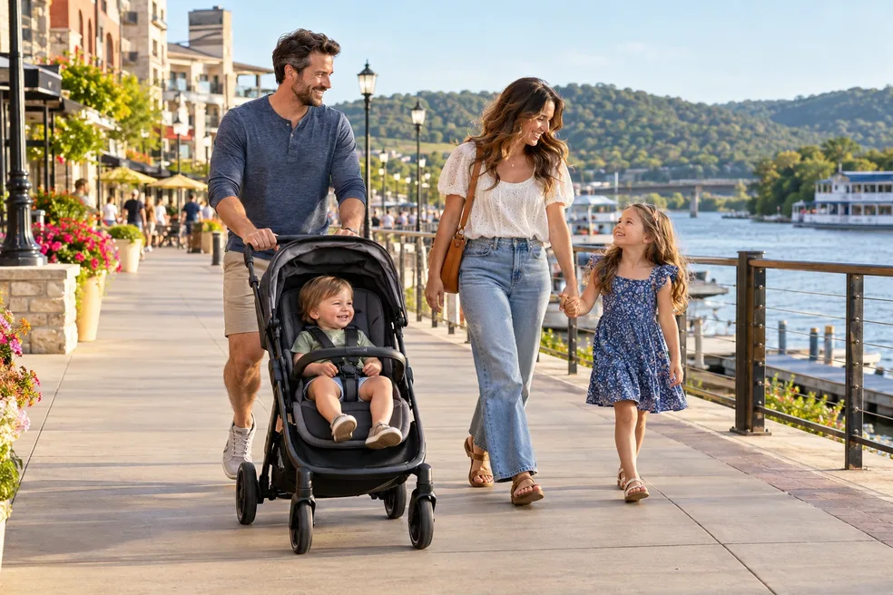 Family waterfront stroll in Branson