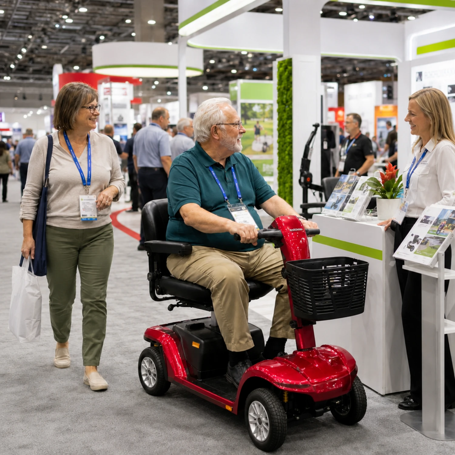 An older attendee uses a heavy duty mobility scooter inside a busy convention expo hall while visiting booths with a companion.