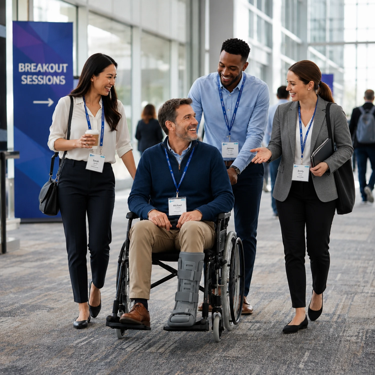 A woman pushes an older attendee in an ultra light standard wheelchair through a bright convention hallway, with conference signs and other attendees in the background.