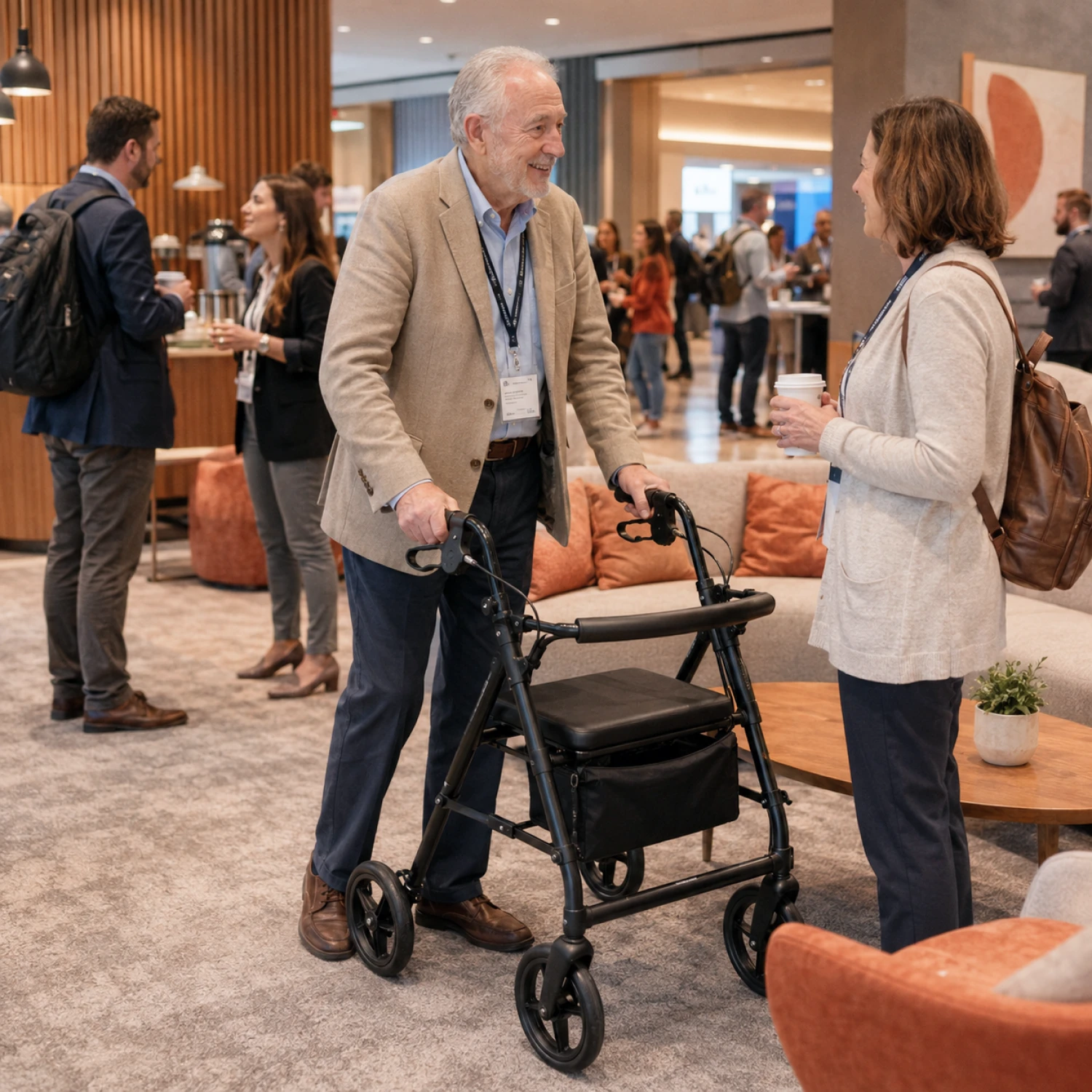 An older convention attendee uses a walker rollator while talking with a colleague near a lounge area inside a busy conference venue.