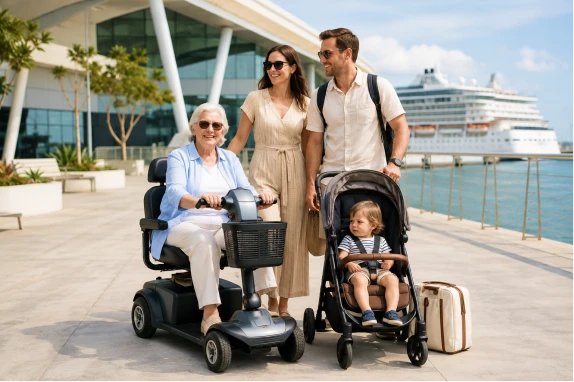 A smiling multigenerational family with a mobility scooter and a stroller standing along a cruise port boardwalk with a cruise ship docked in the background.