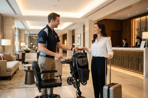 Mobility scooter and wheelchair rental with same-day hotel delivery for travelers