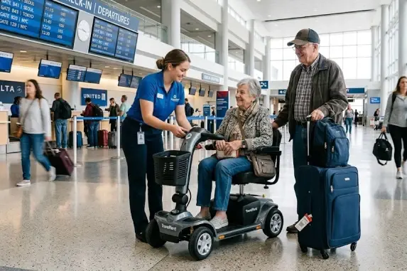 Airport mobility scooter rental pickup for travelers arriving with luggage
