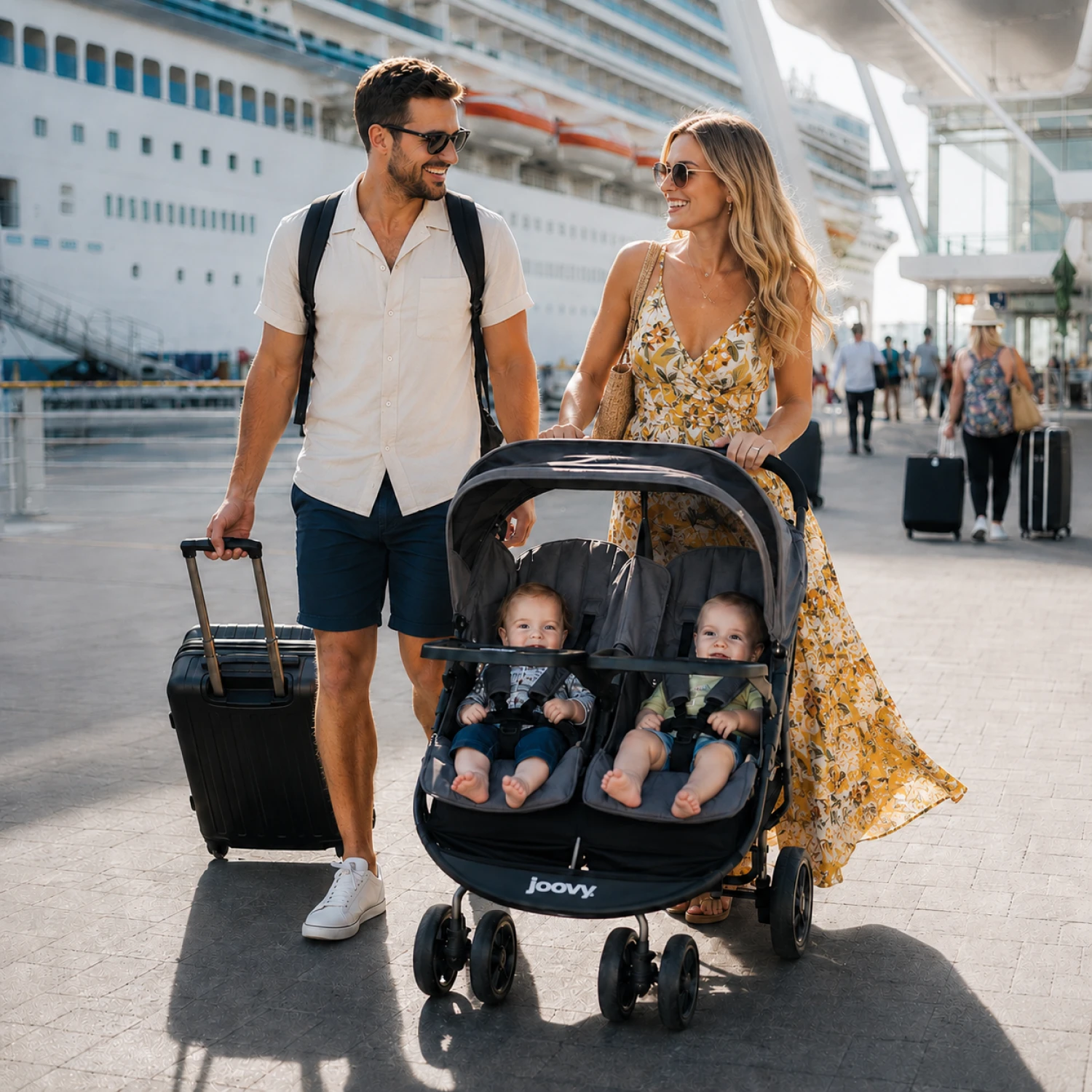 A family walks toward a cruise terminal with a double stroller carrying two children, luggage beside them, and a large cruise ship in the background.