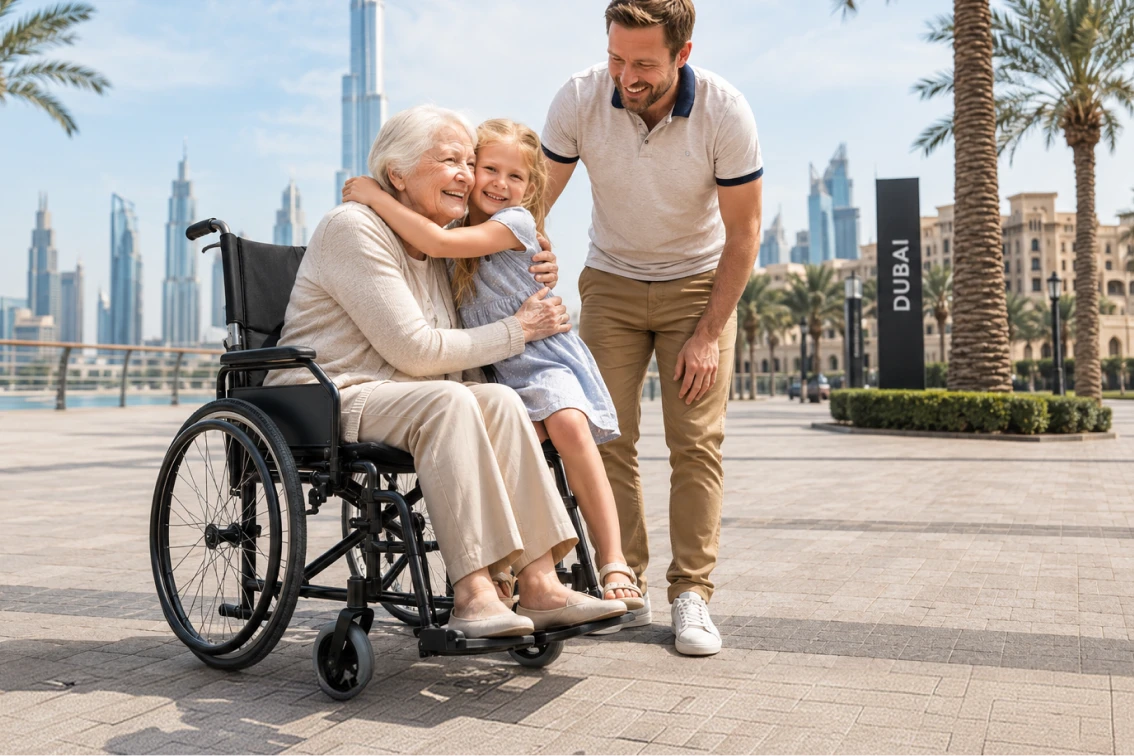 Uma senhora idosa sorridente, sentada em uma cadeira de rodas manual preta, abraça sua neta pequena, enquanto um homem está ao lado delas em uma calçada pavimentada em Dubai. Palmeiras e o icônico Burj Khalifa se erguem ao fundo sob um céu azul claro.