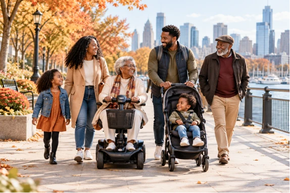 A multigenerational family strolling together along a paved waterfront promenade lined with vibrant autumn trees and fallen leaves. In the center, a smiling grandmother rides a black four-wheel mobility scooter flanked by her family, including a father pushing a toddler in a black stroller and a city skyline rising across the water in the background.   