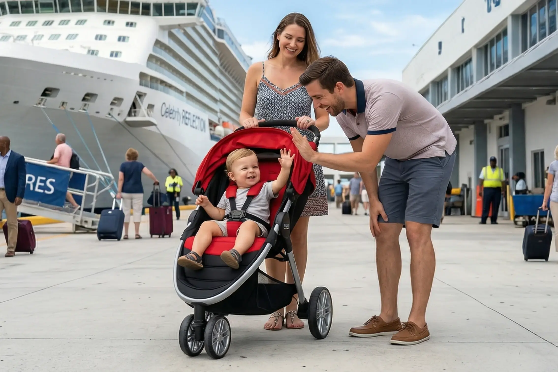 A young family smiles together at a cruise terminal in Fort Lauderdale. A toddler sits in a red and black Britax stroller, giving a high-five to his father who is leaning down. The mother stands behind the stroller, smiling. In the background, the large white Celebrity Reflection cruise ship is docked alongside the terminal building.