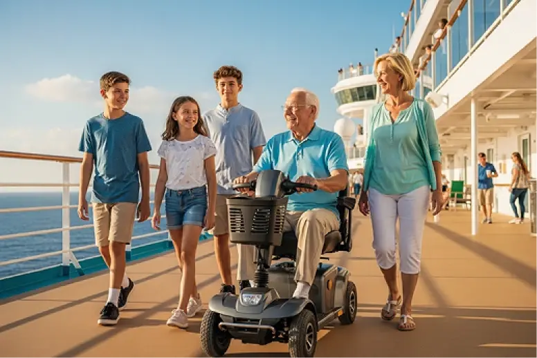 Elderly man on a Cloud of Goods scooter with daughter and grandkids on a cruise balcony at Port of Galveston