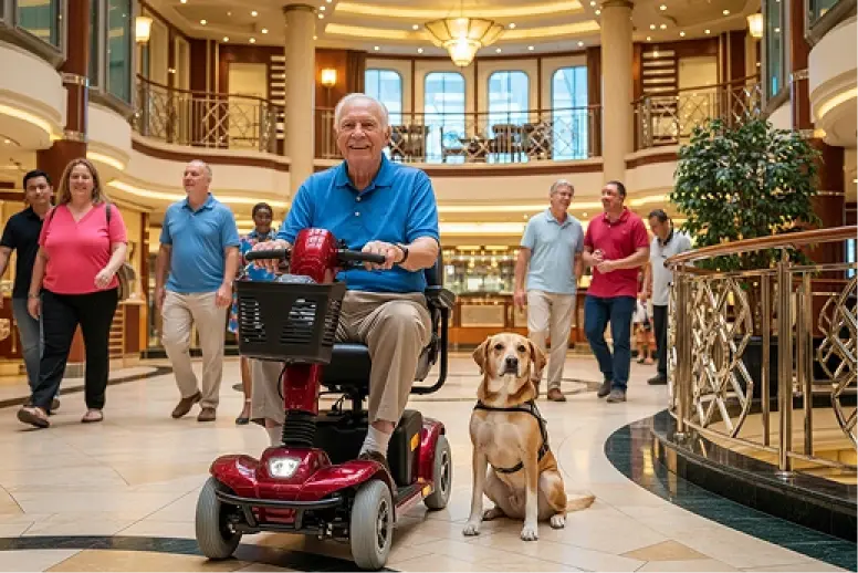 Older gentleman on a Cloud of Goods scooter with service dog inside a cruise ship at Port of Galveston near spiral stairs.