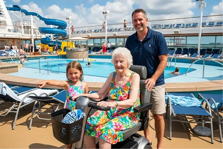 Older man on a Cloud of Goods scooter with family by the cruise pool at Port of Galveston, smiling under sunny skies.