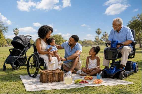Black American family enjoying a Father’s Day picnic in the park with a wheelchair, mobility scooter, stroller, and picnic blanket on the grass.