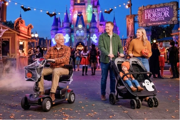 A multi-generational family enjoys an evening out during Halloween Horror Nights at a brightly lit, spooky theme park. The older man, smiling in a flannel shirt, is seated comfortably on a mobility scooter adorned with orange Halloween cobwebs, while the younger couple walks alongside him. The man pushes a double stroller carrying a toddler in an orange knit beanie, with a ghost decoration on the side. They are on a paved path covered with scattered autumn leaves, with the grand, purple-lit castle and various spooky vendor stalls like "Halloween Horror Nights" and "Pumpkin Spice Snacks" in the background under a deep twilight sky.