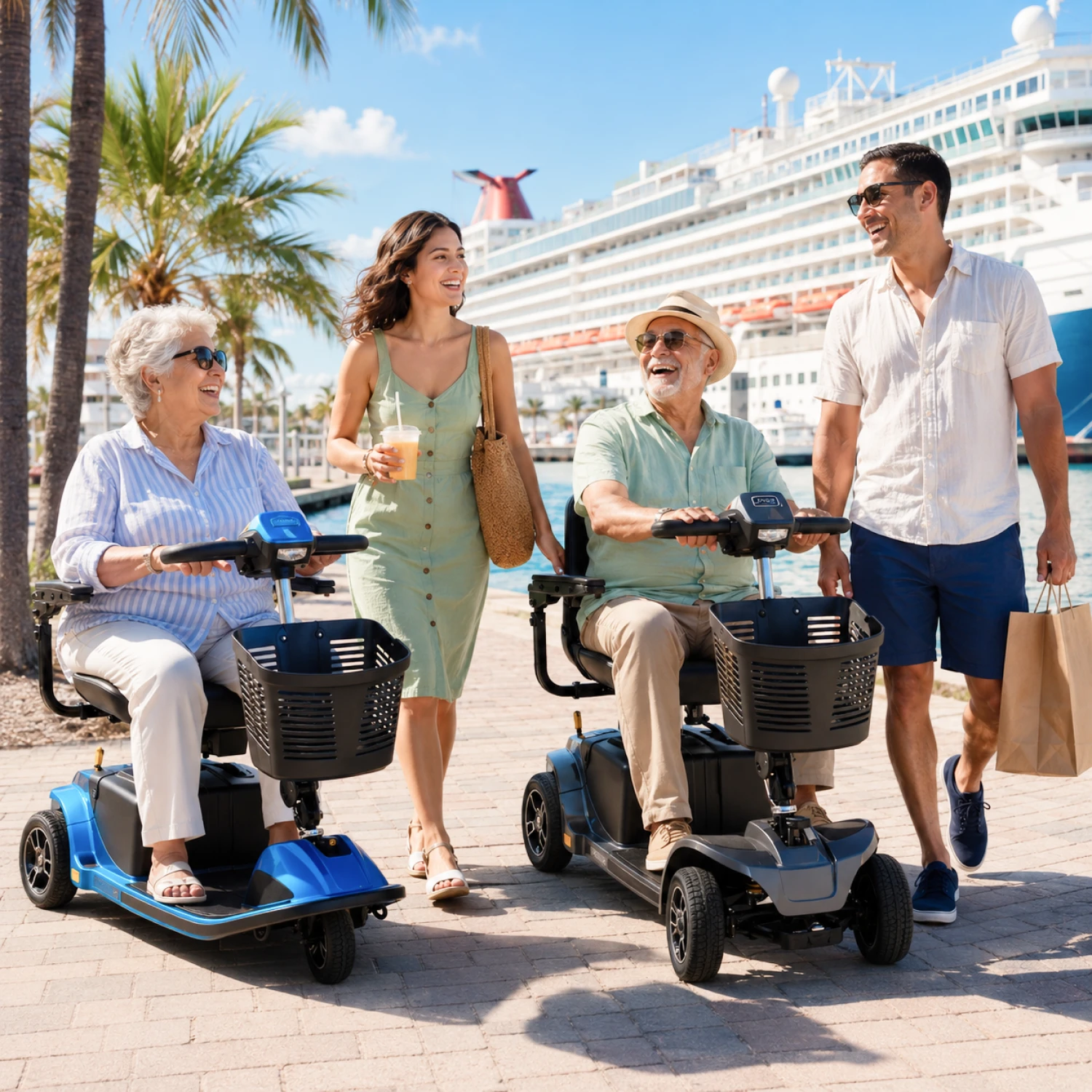 Family members enjoy a sunny cruise port outing with two older adults using heavy duty mobility scooters beside a large cruise ship.
