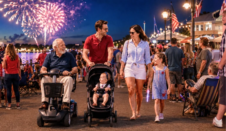 A multi-generational family walks along a crowded, lively boardwalk at night during a 4th of July celebration, with vibrant fireworks bursting in the sky over the water in the background. In the foreground, an older man with white hair smiles while riding a black mobility scooter. Next to him, a man in a red t-shirt pushes a toddler in a stroller. Beside them, a woman in a blue-and-white striped shirt and white shorts walks next to a young girl in a blue striped dress who holds a glowing purple light stick. The boardwalk is filled with other spectators, illuminated by warm string lights and street lamps, with an American flag visible on the right.