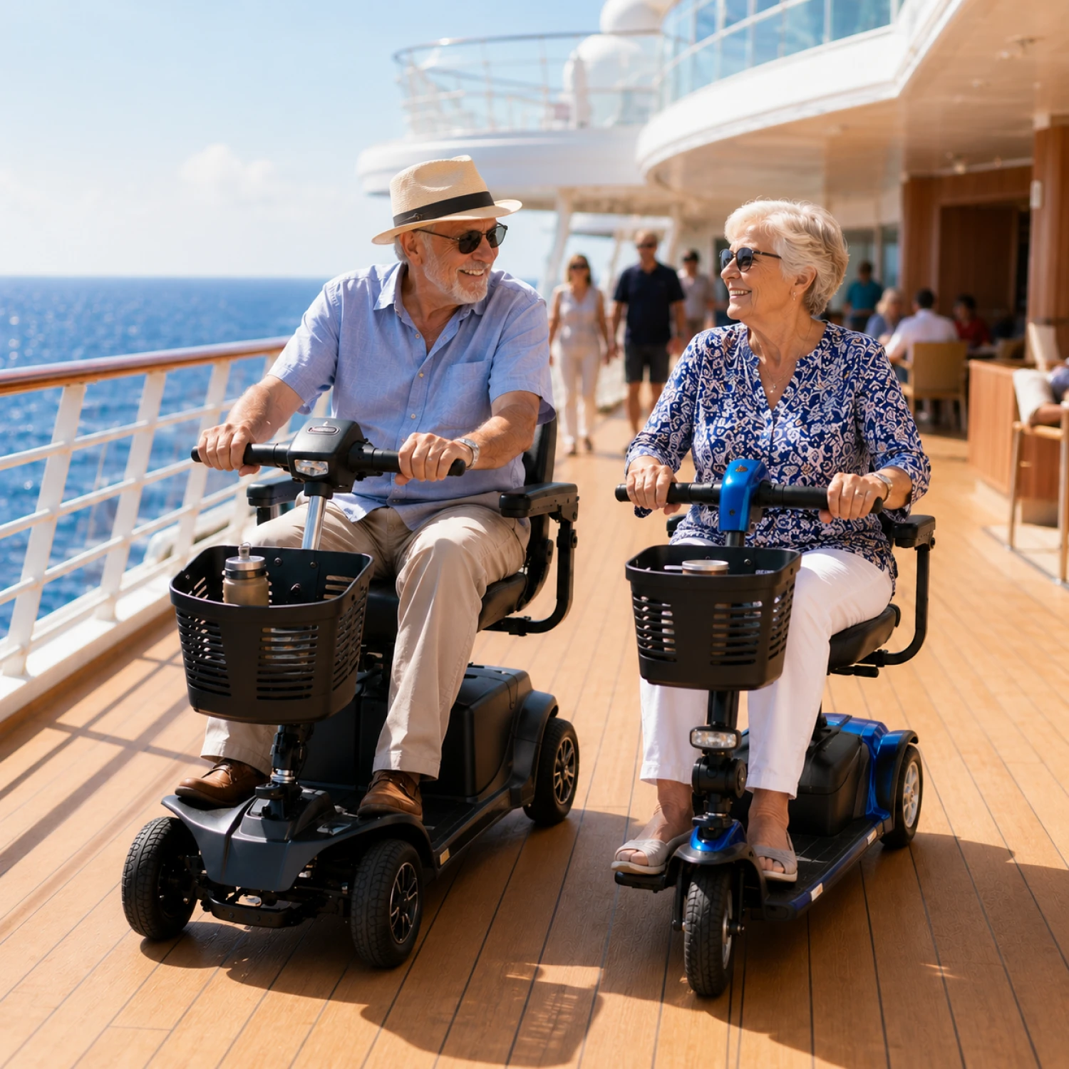 Two older adults ride lightweight mobility scooters along a sunny cruise ship deck, with ocean views and other passengers walking in the background.