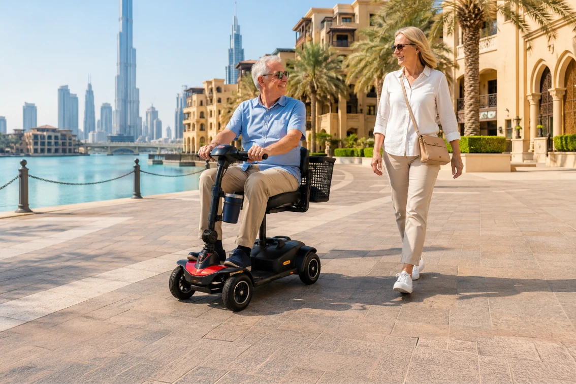 A smiling senior man riding a red and black lightweight mobility scooter equipped with a rear basket alongside a woman walking on a paved waterfront promenade in Dubai. Traditional sand-colored architecture, palm trees, and the iconic Burj Khalifa skyline stand beside calm, turquoise water under a sunny sky.