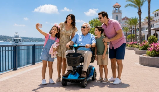 Multigenerational family enjoying a Father’s Day outing with a grandfather on a mobility scooter and a toddler in a stroller.