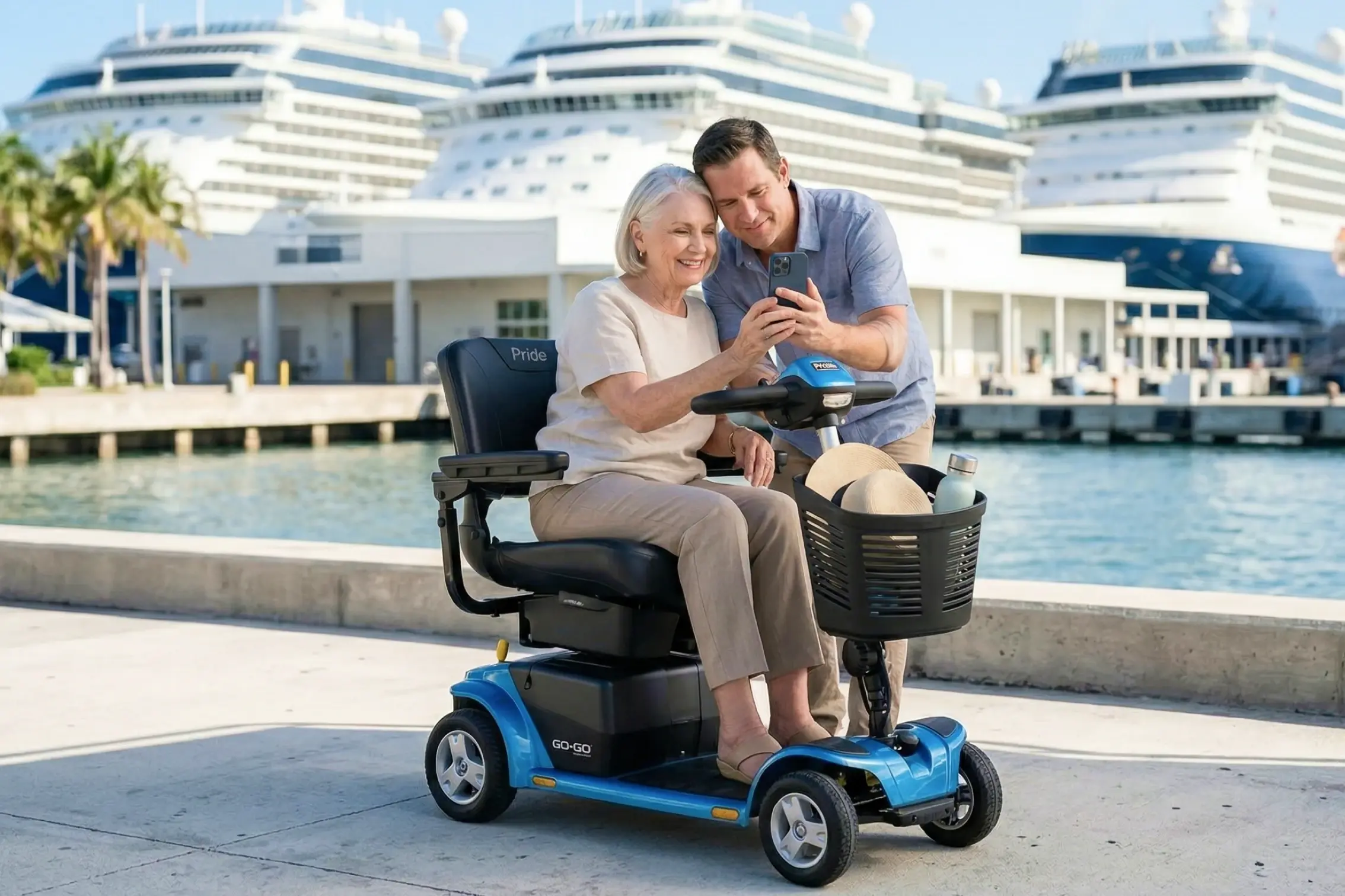 A smiling senior woman sitting on a blue Pride Go-Go mobility scooter at a sunny cruise ship terminal. A younger man stands beside her, showing her something on a smartphone. In the background, two large white cruise ships are docked in the harbor.