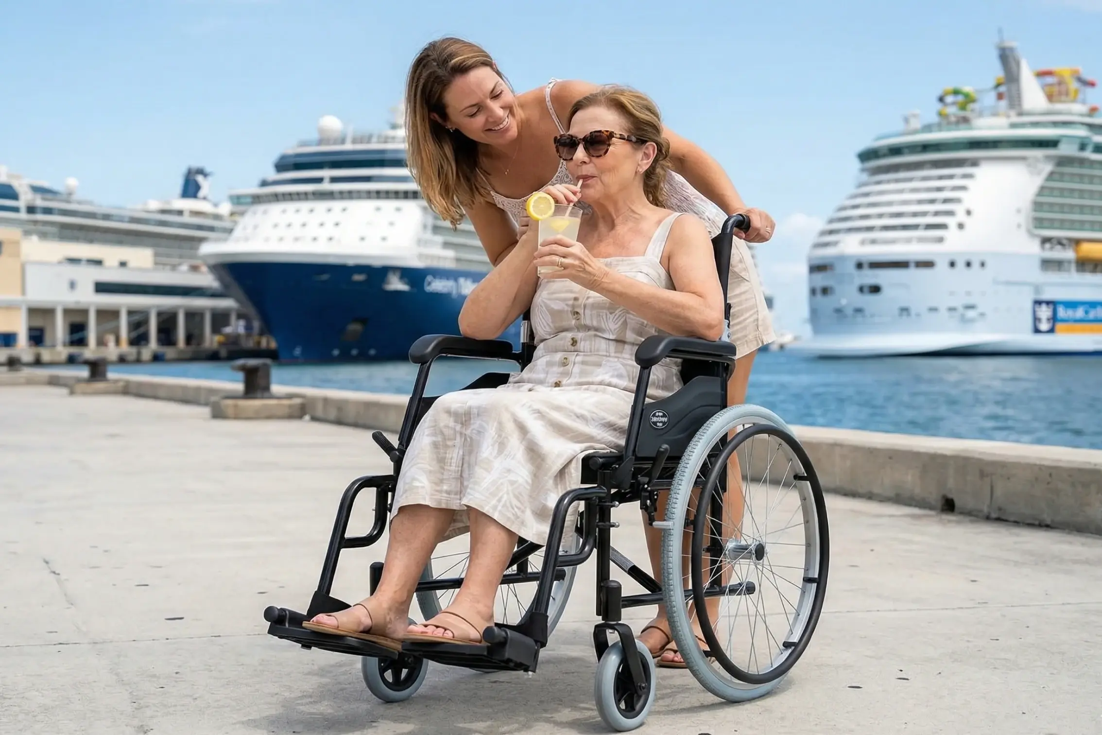 A senior woman in a grey summer dress and sunglasses sits in a black manual wheelchair, sipping a lemonade with a lemon garnish. A younger woman stands behind her, smiling warmly. The scene takes place at a sunny cruise terminal in Fort Lauderdale, with a blue Celebrity Cruises ship and a white Royal Caribbean ship docked in the background.