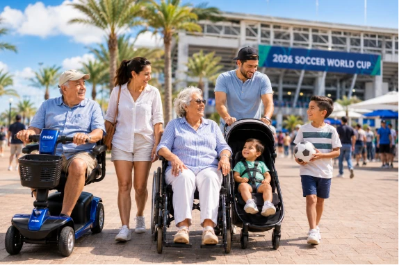 Multigenerational family arriving for Soccer World Cup 2026 travel with a mobility scooter, wheelchair, stroller, and child holding a soccer ball near a stadium.