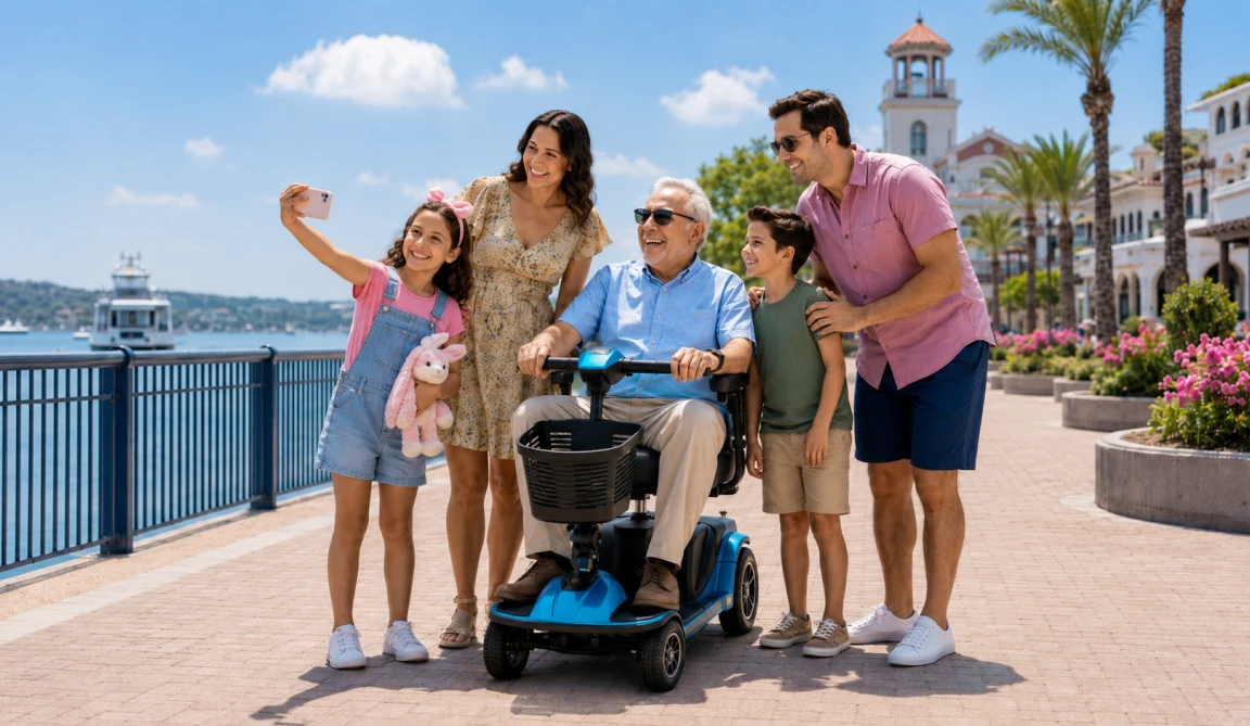 Multigenerational family enjoying a Father’s Day outing with a grandfather on a mobility scooter and a toddler in a stroller.