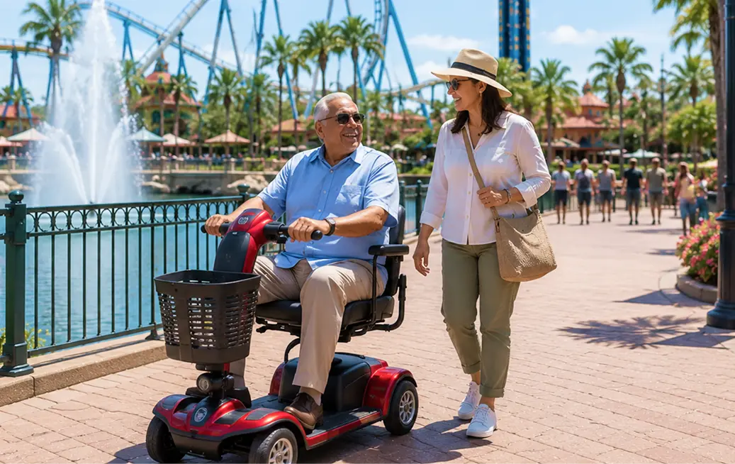 Senior man riding a red mobility scooter rented through Cloud of Goods alongside his wife on a brick waterfront path at Busch Gardens Tampa Bay, with fountains, roller coasters, and palm trees in the background.