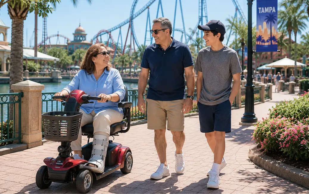 Woman with a walking boot riding a red Cloud of Goods rental mobility scooter alongside her husband and teenage son on a waterfront path at Busch Gardens Tampa Bay, with roller coasters and a Tampa banner visible in the background.