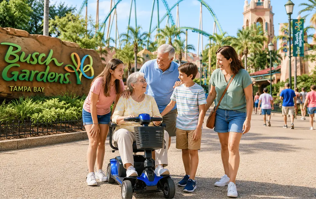 Multigenerational family laughing together at the entrance of Busch Gardens Tampa Bay, grandmother seated on a blue mobility scooter rented through Cloud of Goods, surrounded by teenage granddaughter, grandfather, grandson, and mother.