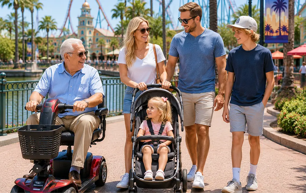 Multigenerational family enjoying a sunny day at Busch Gardens Tampa Bay — grandfather on a red Cloud of Goods rental mobility scooter and young girl in a rental stroller pushed by her parents, with a teenage son and roller coasters in the background.