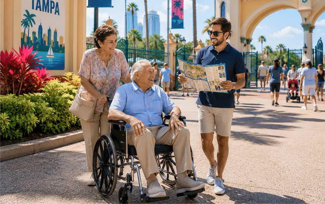 Elderly man in a Cloud of Goods rental wheelchair being pushed by his wife through a sunny Tampa theme park entrance, joined by a younger adult man holding a park map, with a Tampa banner and lush tropical landscaping in the background.