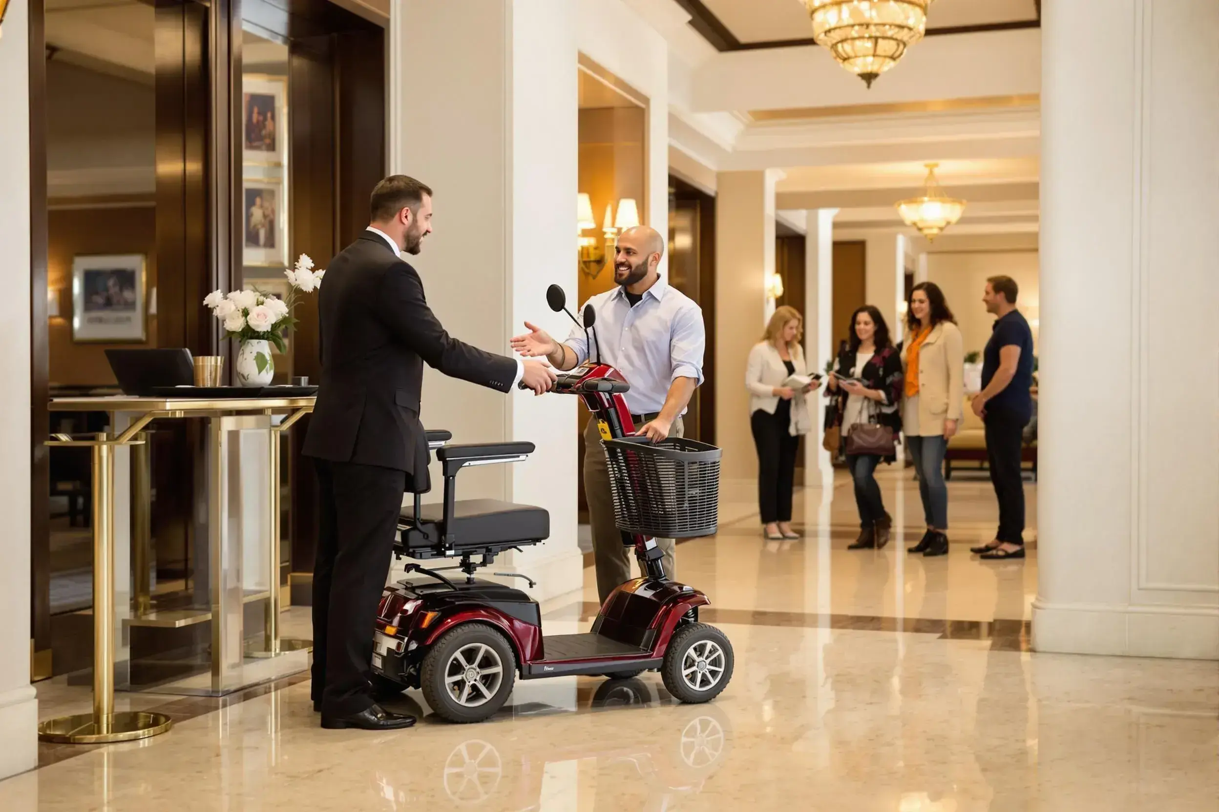 El portador de equipaje del Hilton Orlando Bonnet Creek entrega el scooter a un huésped que acaba de registrarse en el hotel.